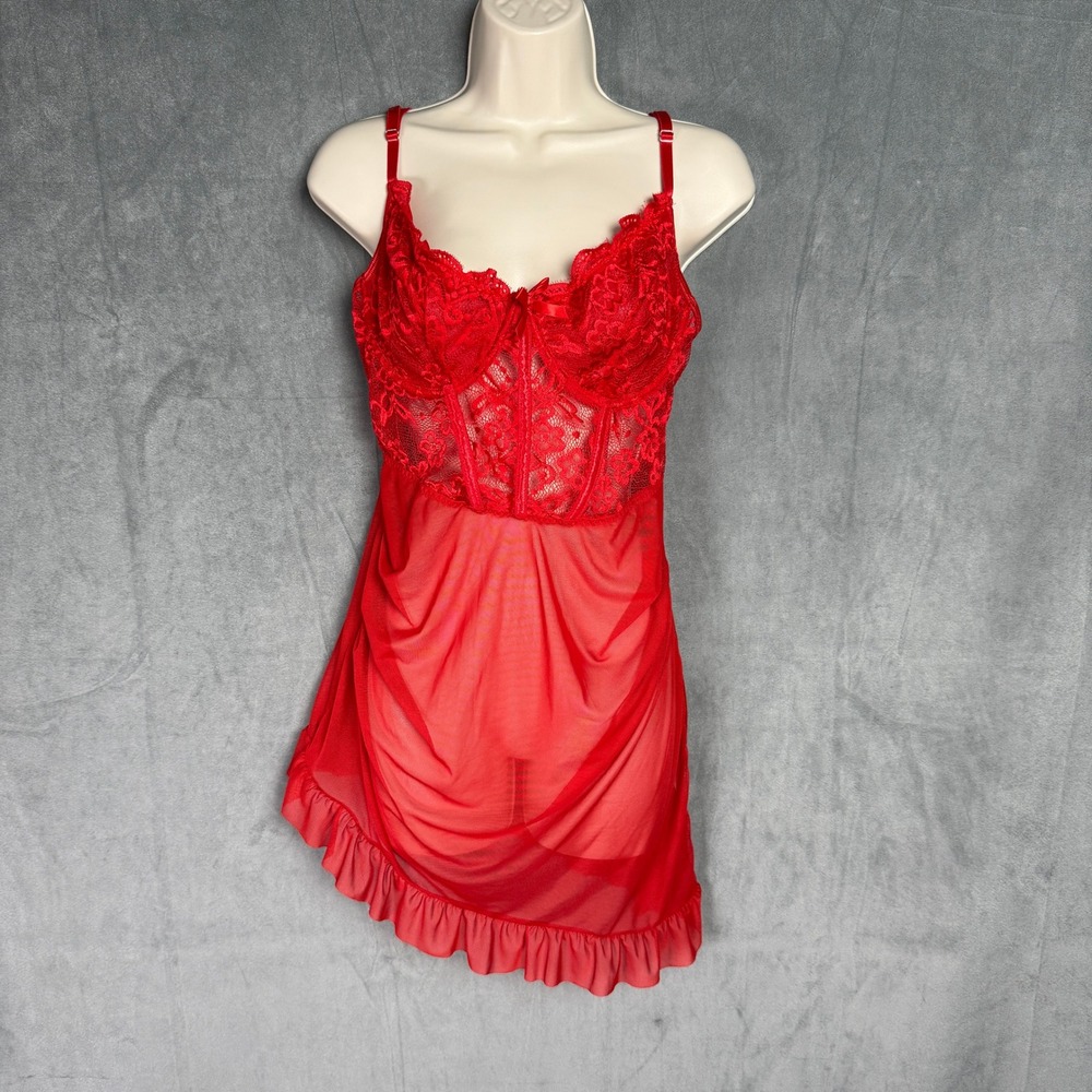 Avidlove Red Lace Mesh‎ Babydoll Lingerie XL NWT ChemiseCorset Style Ruffle Hem